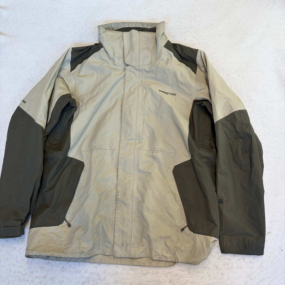 Patagonia H2No Rain Jacket Mens Large Tan Green Colorblock Hooded Shell